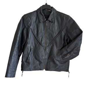 Vintage Leather Jacket Biker Black Braided Motorcycle Women’s Size M Crop Corset